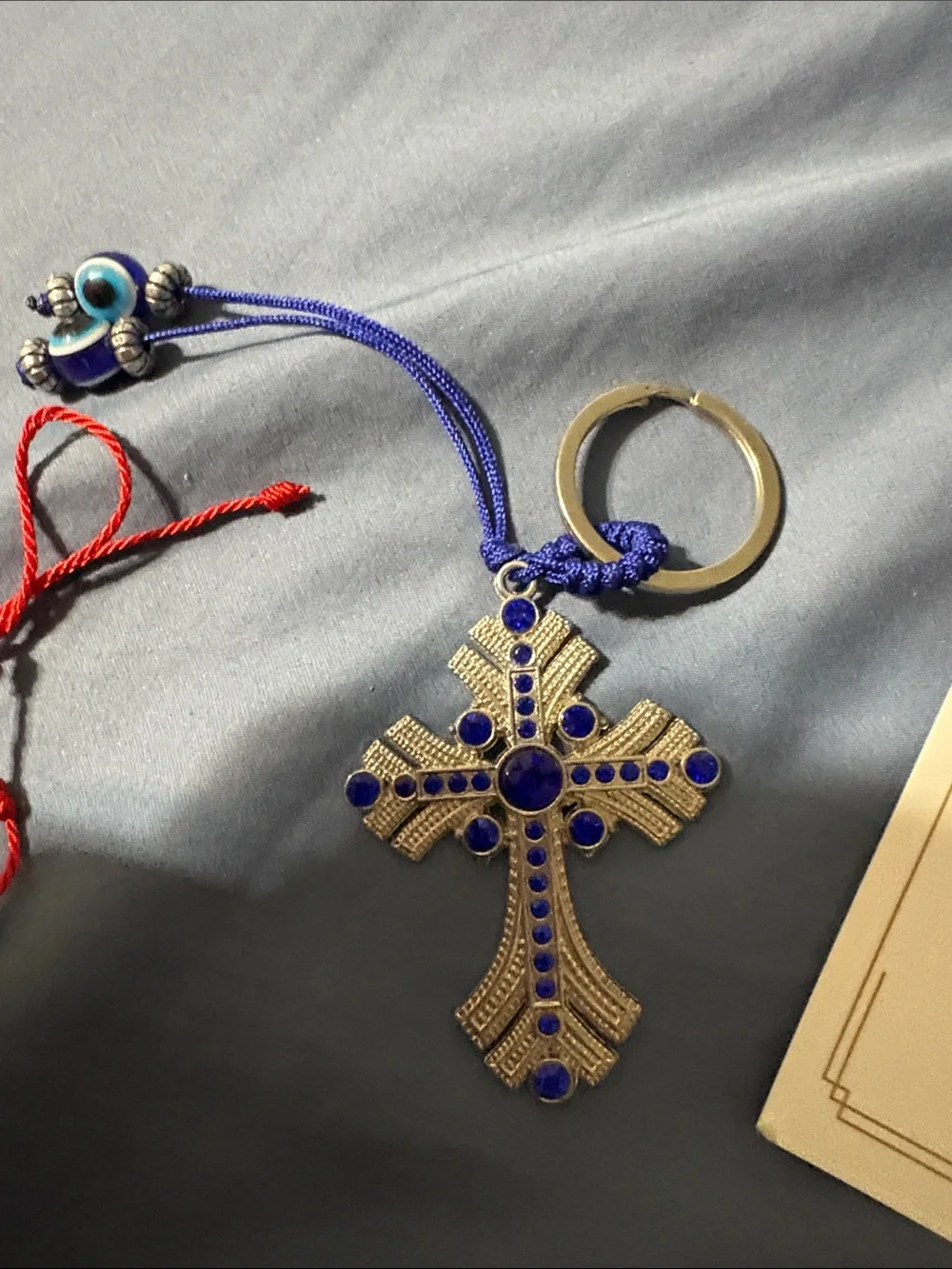 Blue & Red Beaded Bracelet with Cross Charm